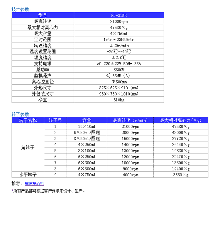 H5-21KR高速冷冻离心机技术参数